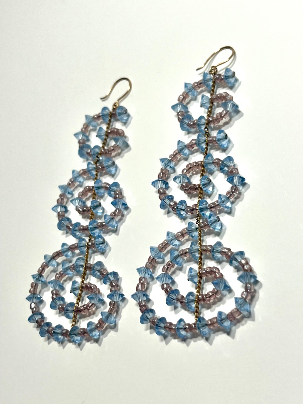 Swirling Blue Crystal and Grey Beaded Suspended Long Triple Tier Drop Earrings